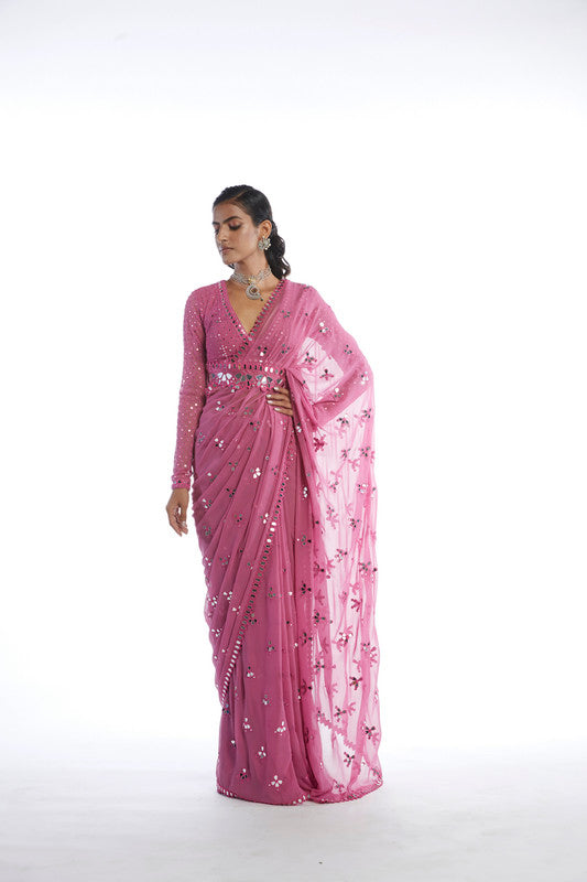 Image of DARK BLUSH MIRROR CUT WORK SAREE