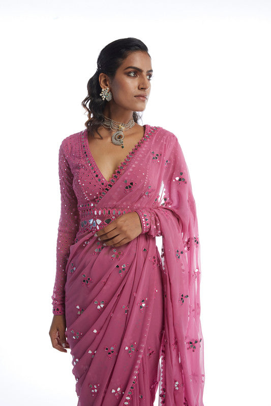 Image of DARK BLUSH MIRROR CUT WORK SAREE