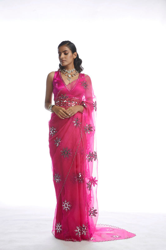 Image of PEACOCK PINK MIRROR CUTWORK SAREE