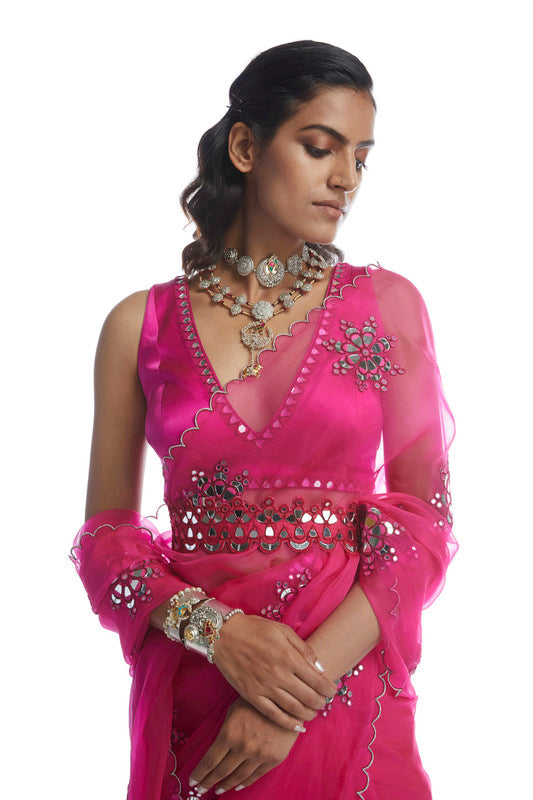 Image of PEACOCK PINK MIRROR CUTWORK SAREE