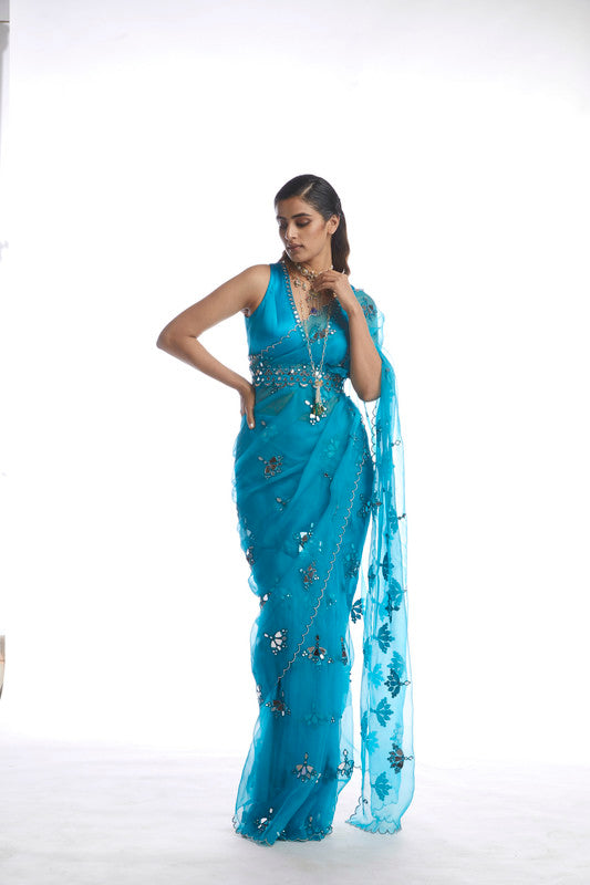 Image of TURQOISE BLUE MIRROR CUT WORK SAREE SET