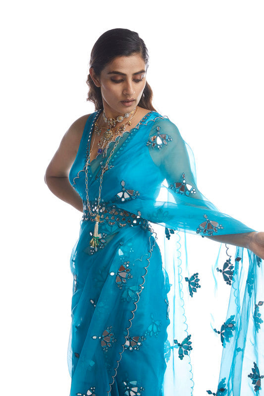 Image of TURQOISE BLUE MIRROR CUT WORK SAREE SET