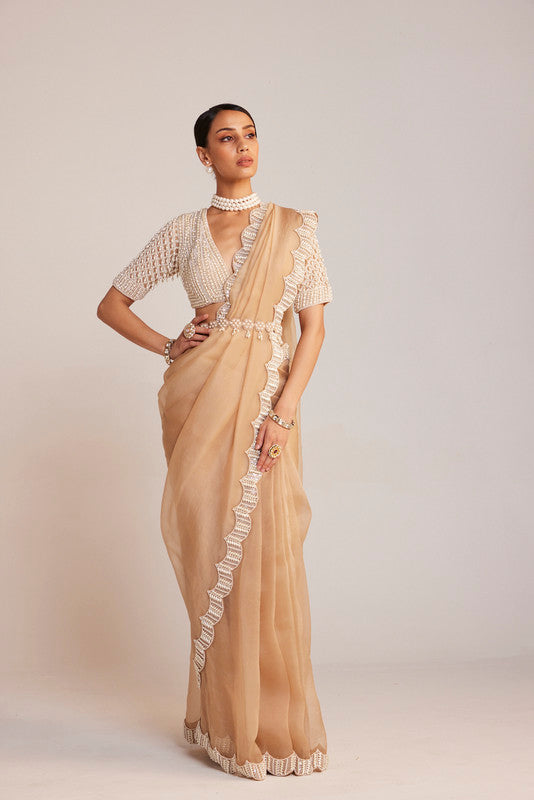 Image of Beige V Neck Saree Set