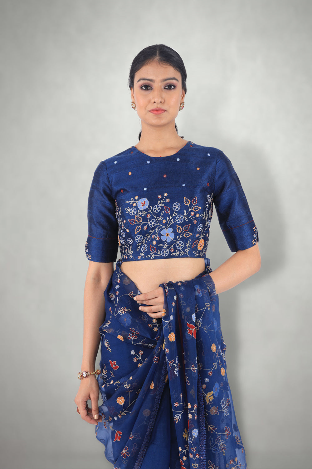 Blue Aari & Mirror Work Saree  Set