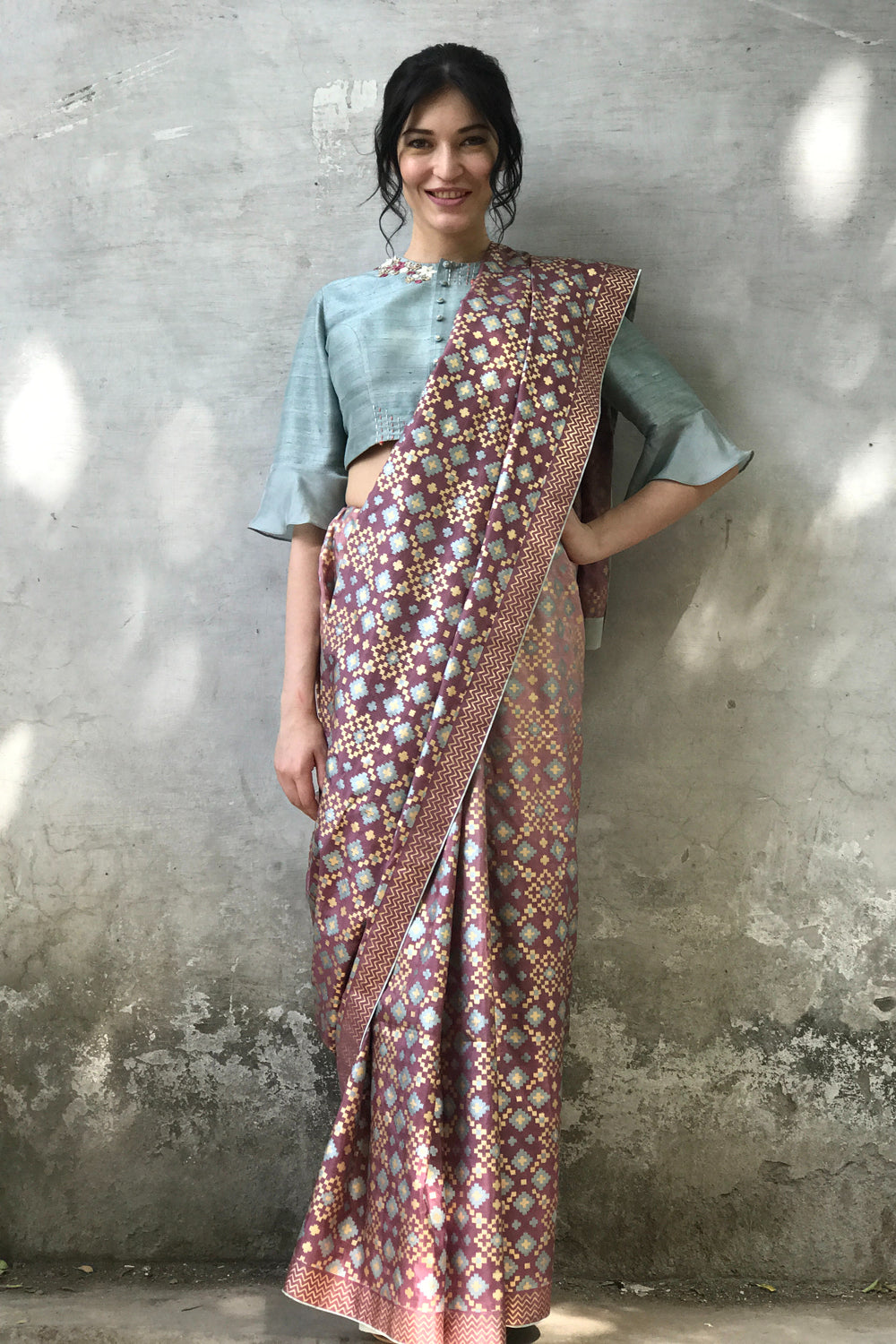 Mauve & Onion Pink Ombre Ikat Printed Silk Saree Set