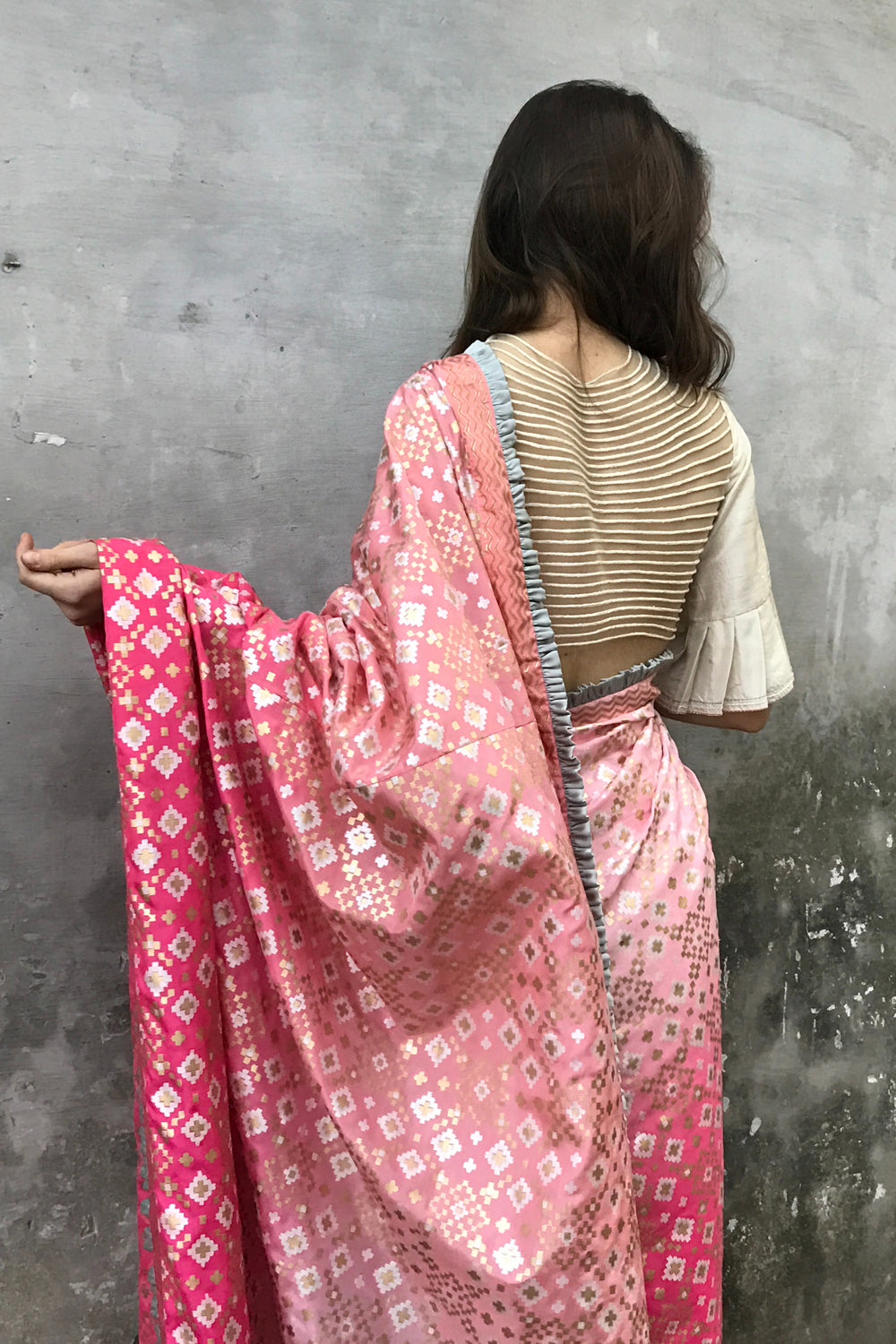 Pink Peach Ombre Ikat Printed Silk Saree Set