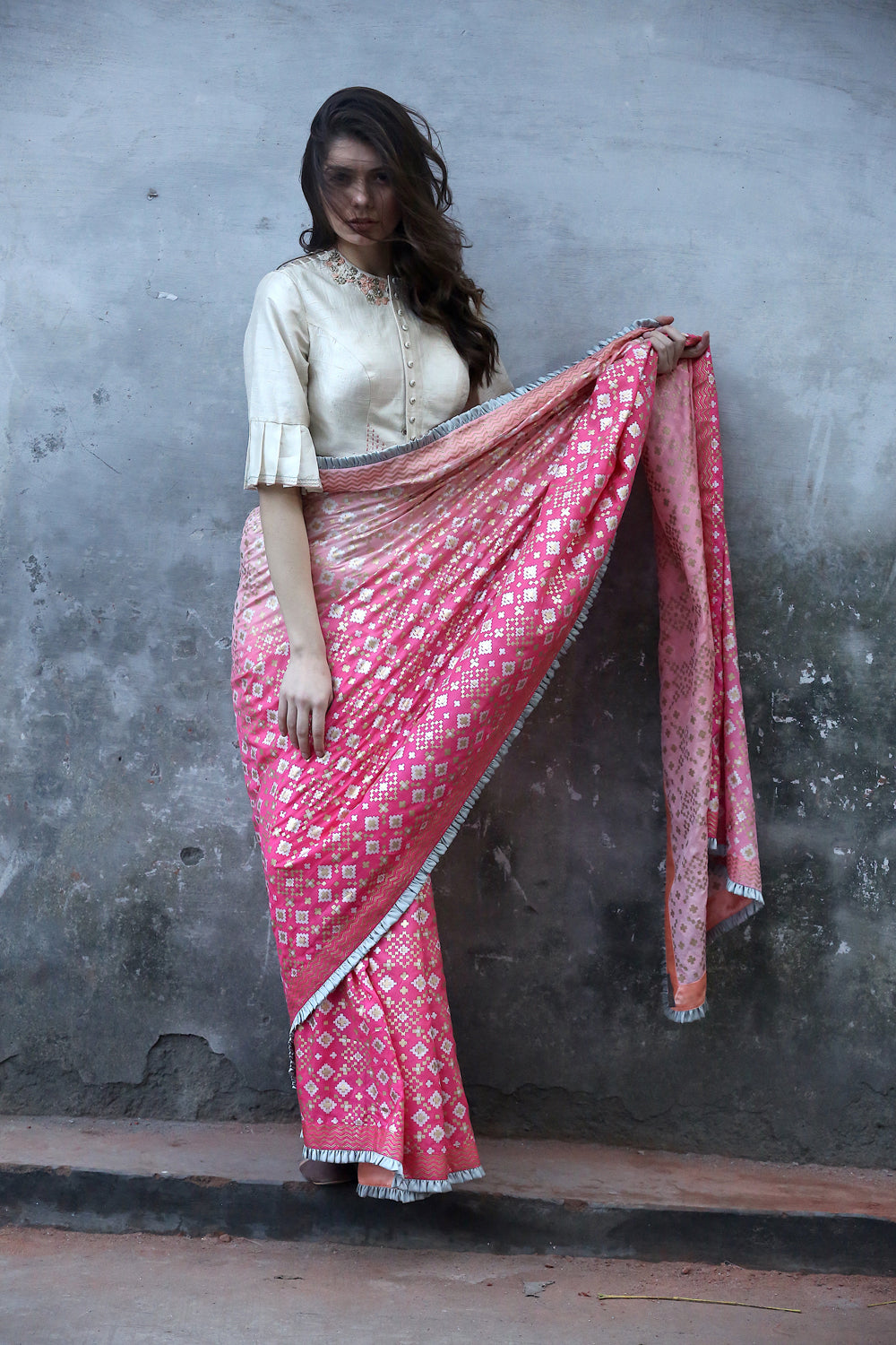 Pink Peach Ombre Ikat Printed Silk Saree Set