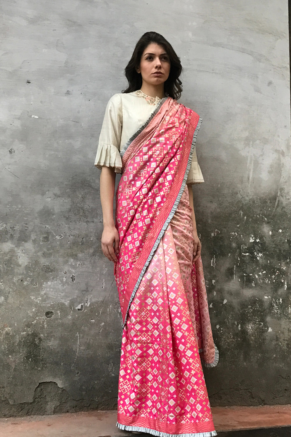 Pink Peach Ombre Ikat Printed Silk Saree Set