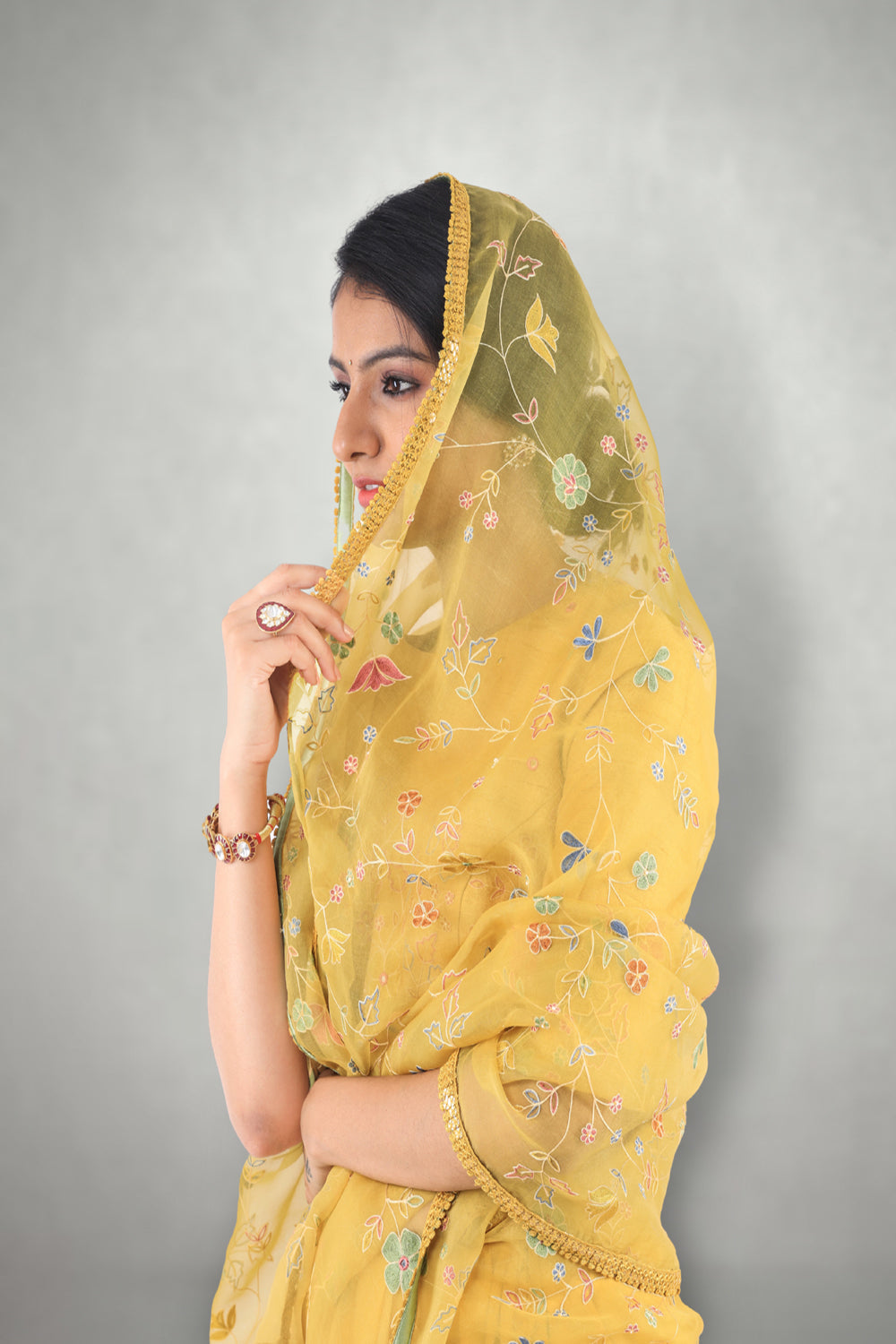 Mustard  Aari & Mirror Work Saree  Set