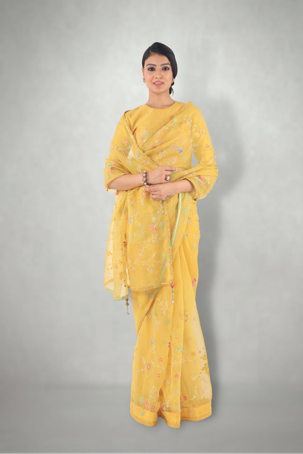 Mustard  Aari & Mirror Work Saree  Set