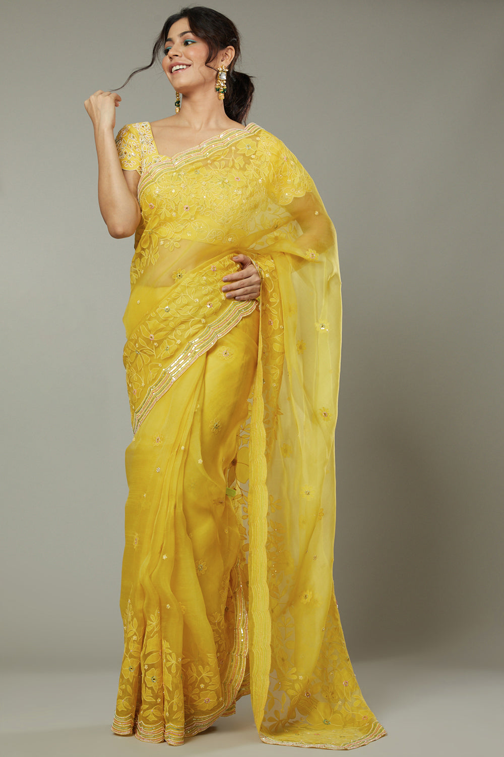 Mango Bite Candy Applique & Hand Emboidered Silk Organza Saree Set