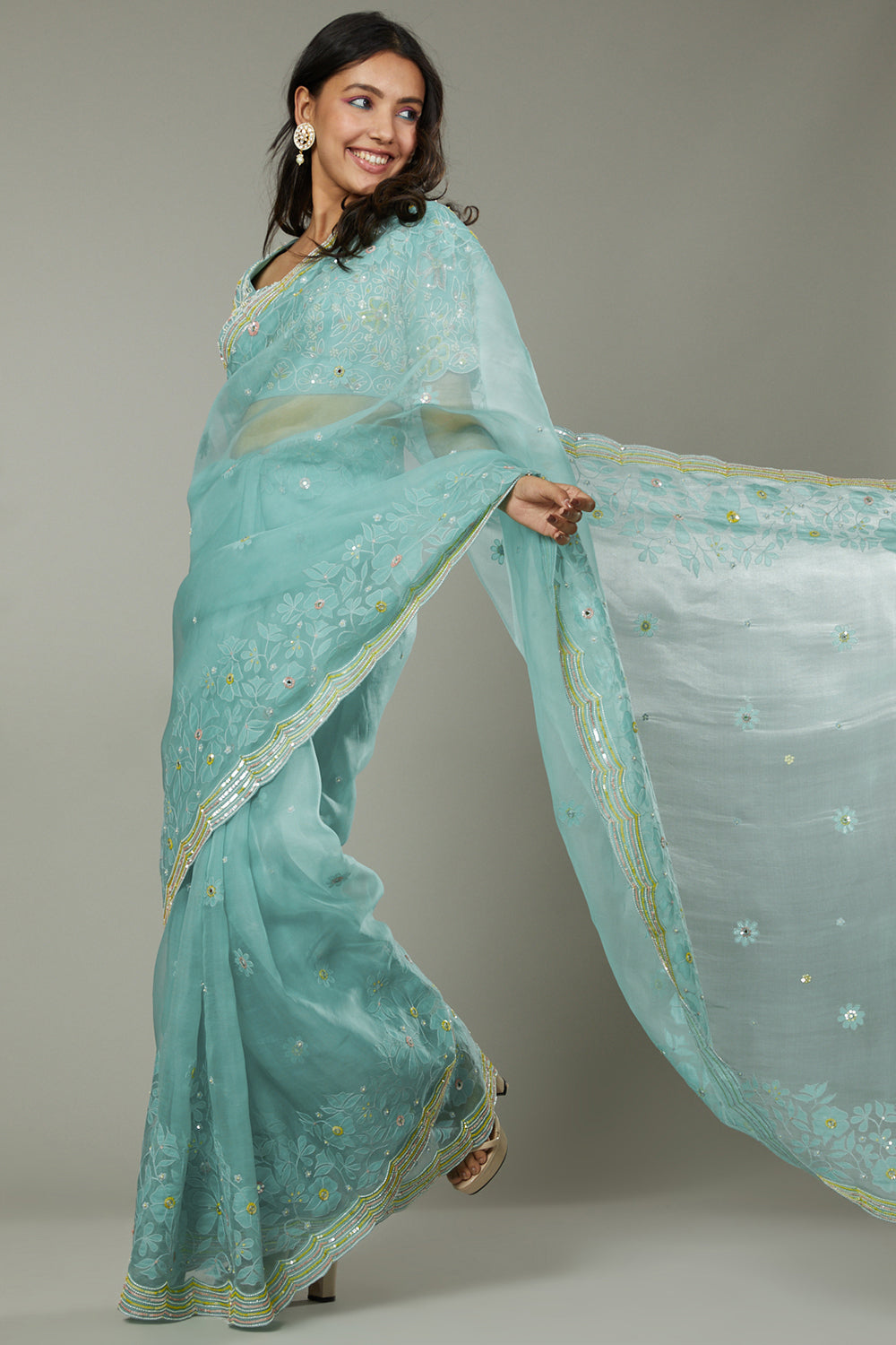 Pepper Mint Candy Applique & Hand Emboidered Silk Organza Saree Set