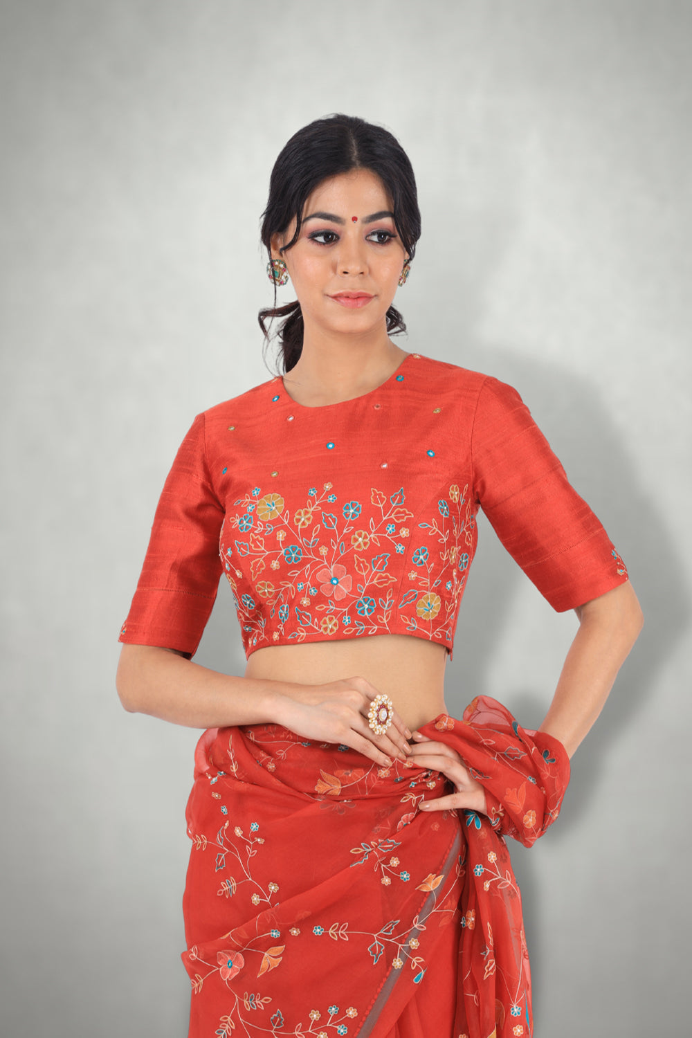 Rust  Aari & Mirror Work Saree  Set