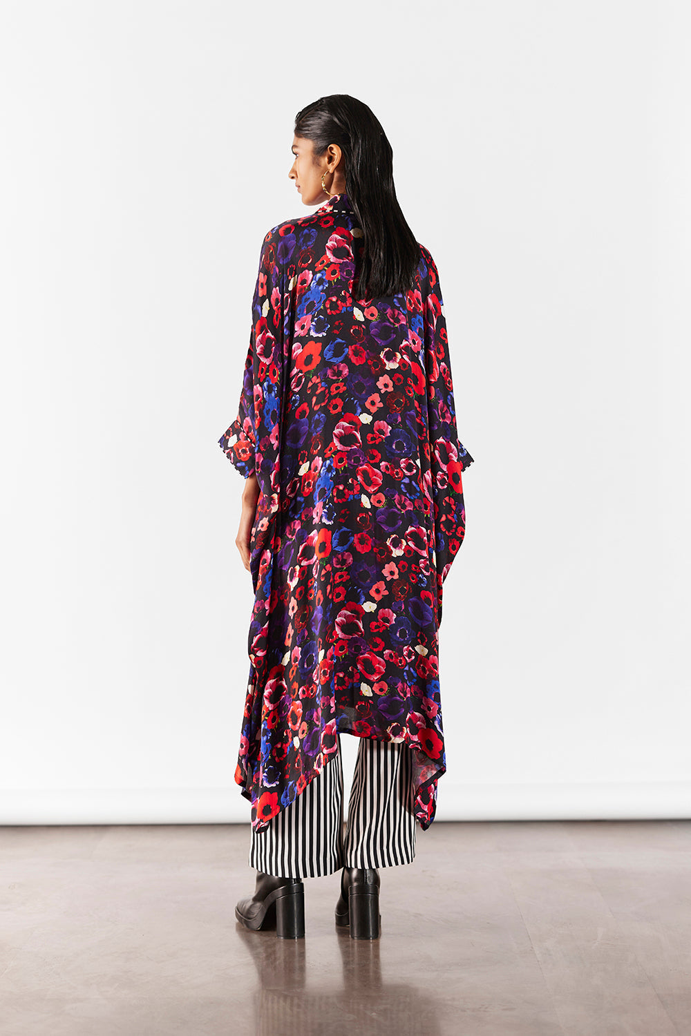 Peony Kimono With Striped Straight Pants