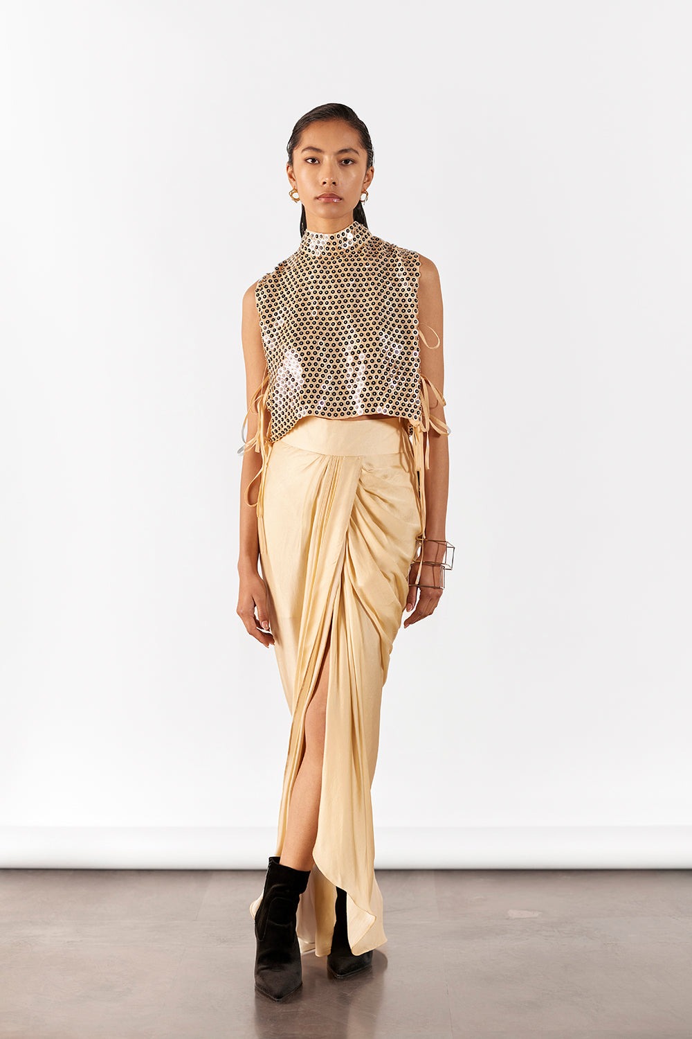 Champagne Embroidered Top & Draped Skirt