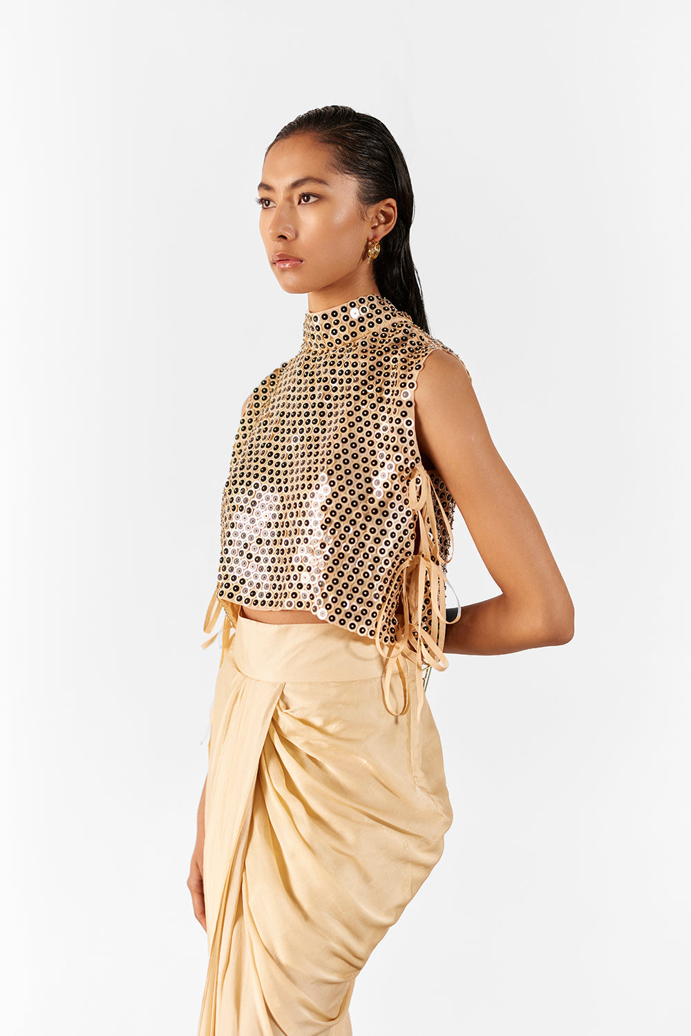 Champagne Embroidered Top & Draped Skirt