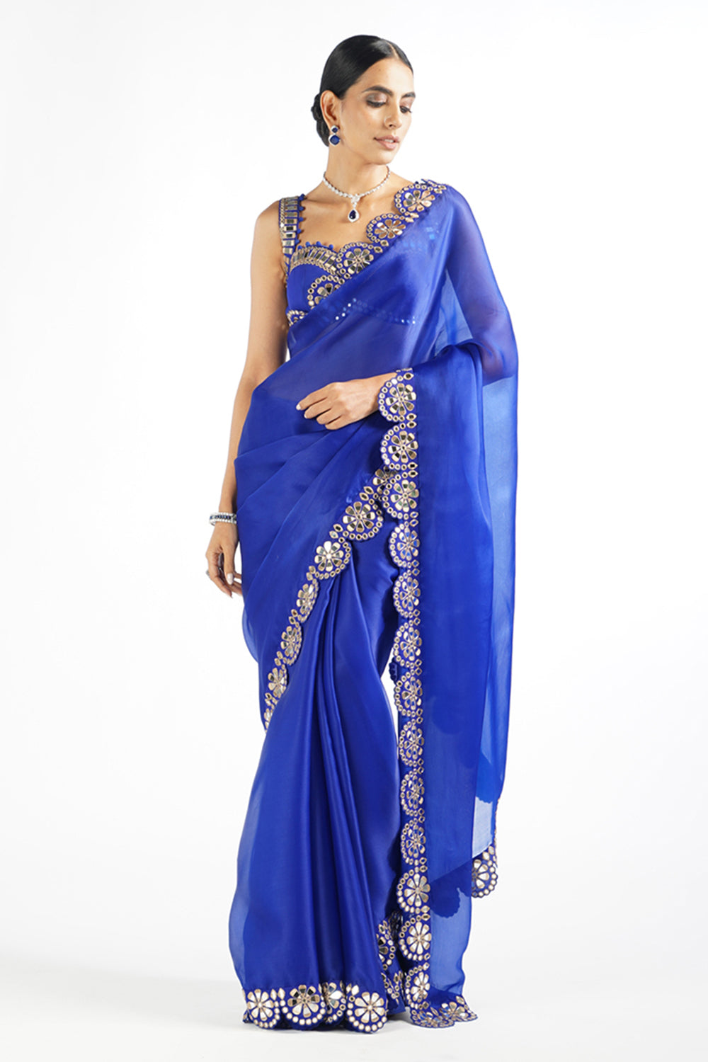 Royal Blue Mirror Scallop Saree Set