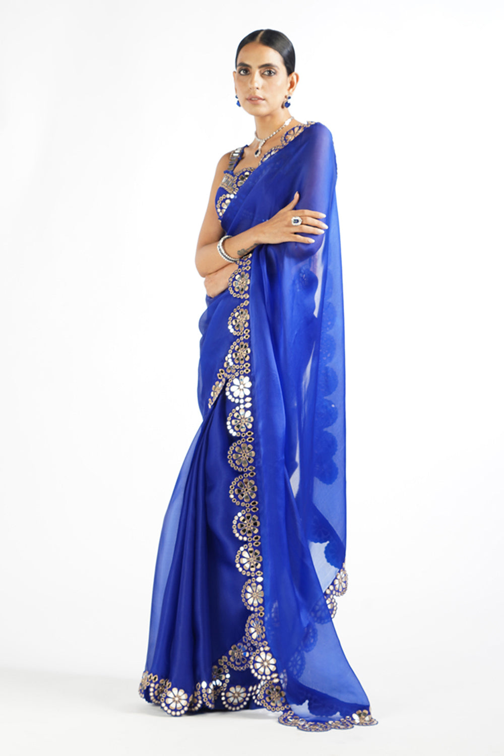 Royal Blue Mirror Scallop Saree Set