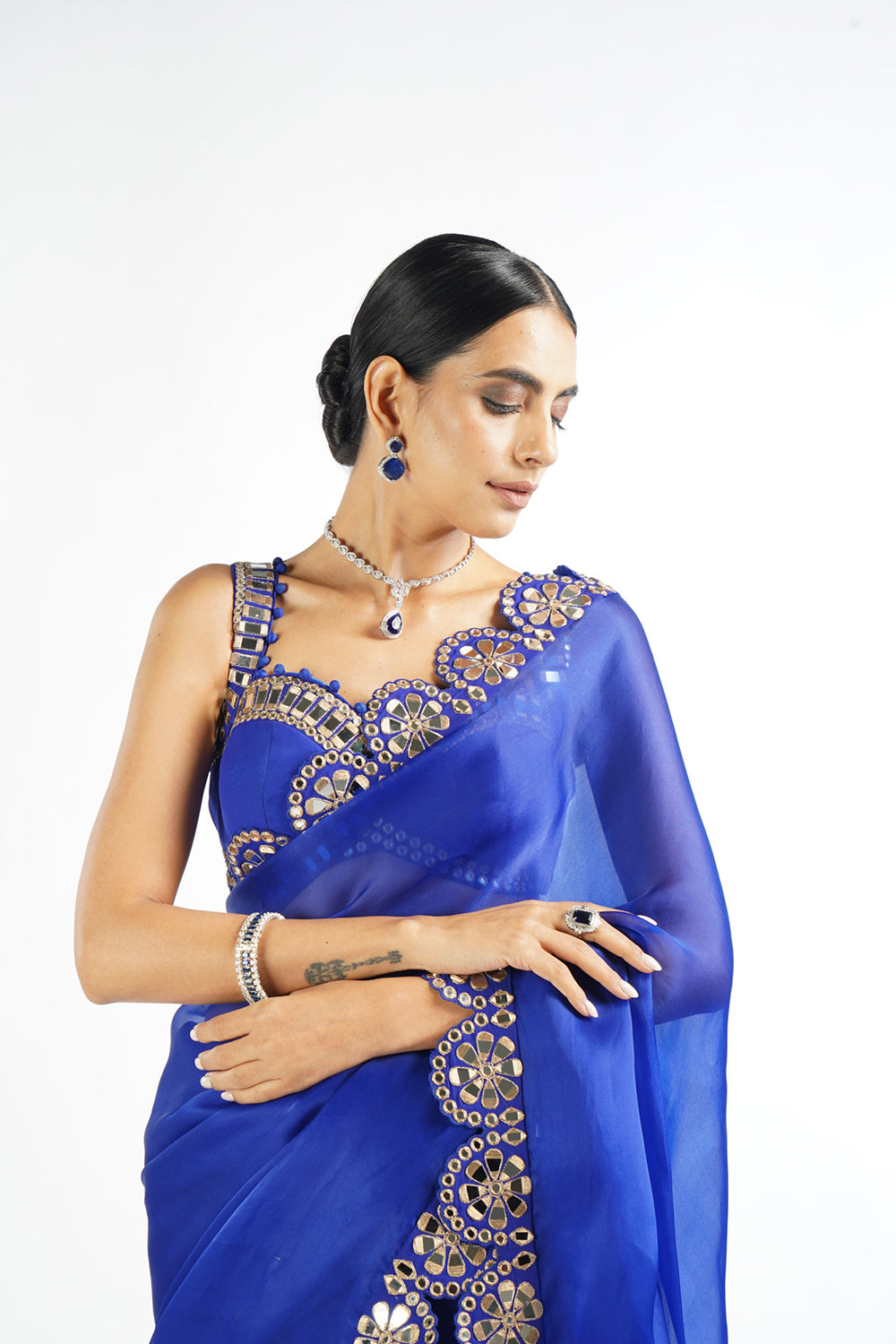 Royal Blue Mirror Scallop Saree Set