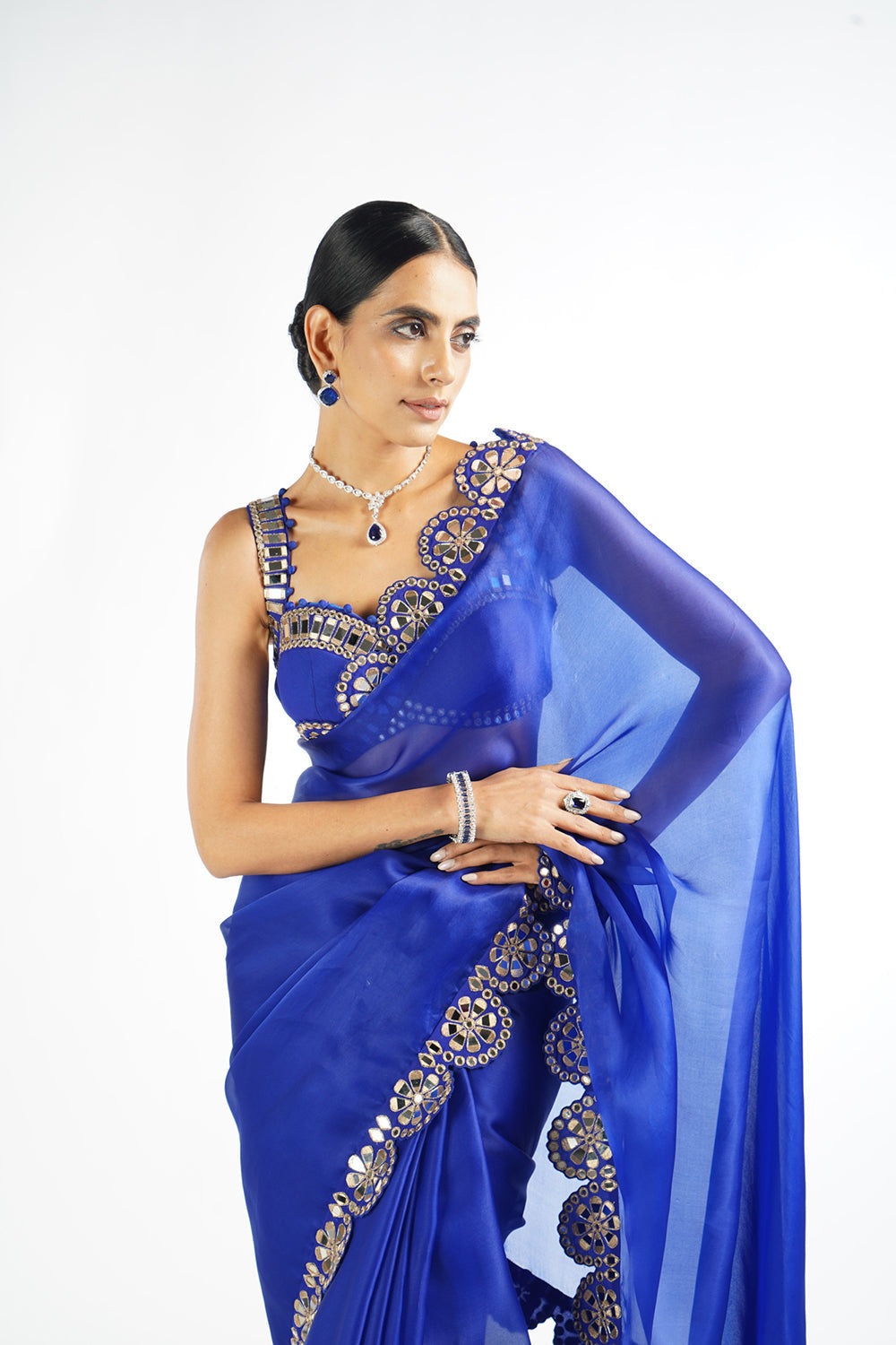 Royal Blue Mirror Scallop Saree Set