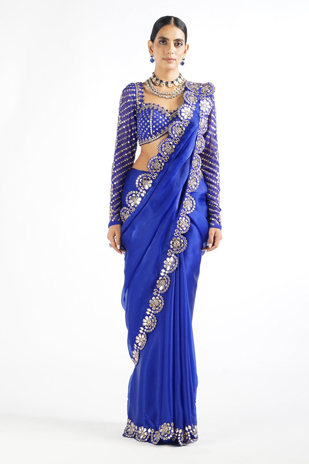 Royal Blue Mirror Work Blouse Saree Set