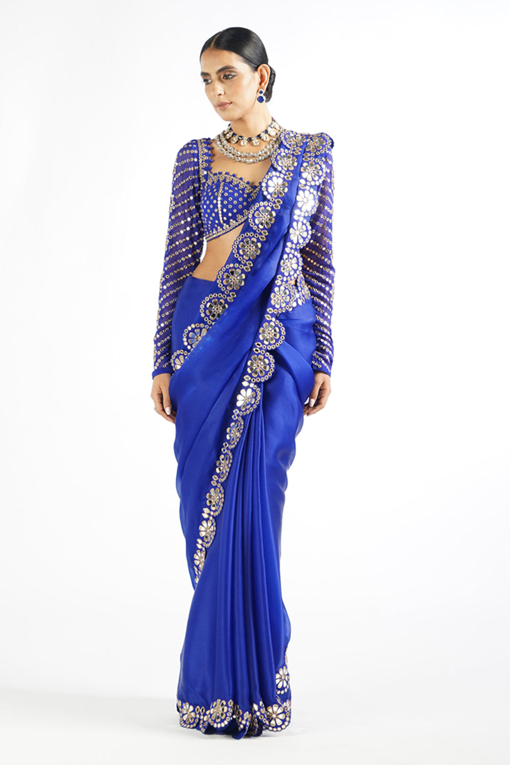 Royal Blue Mirror Work Blouse Saree Set