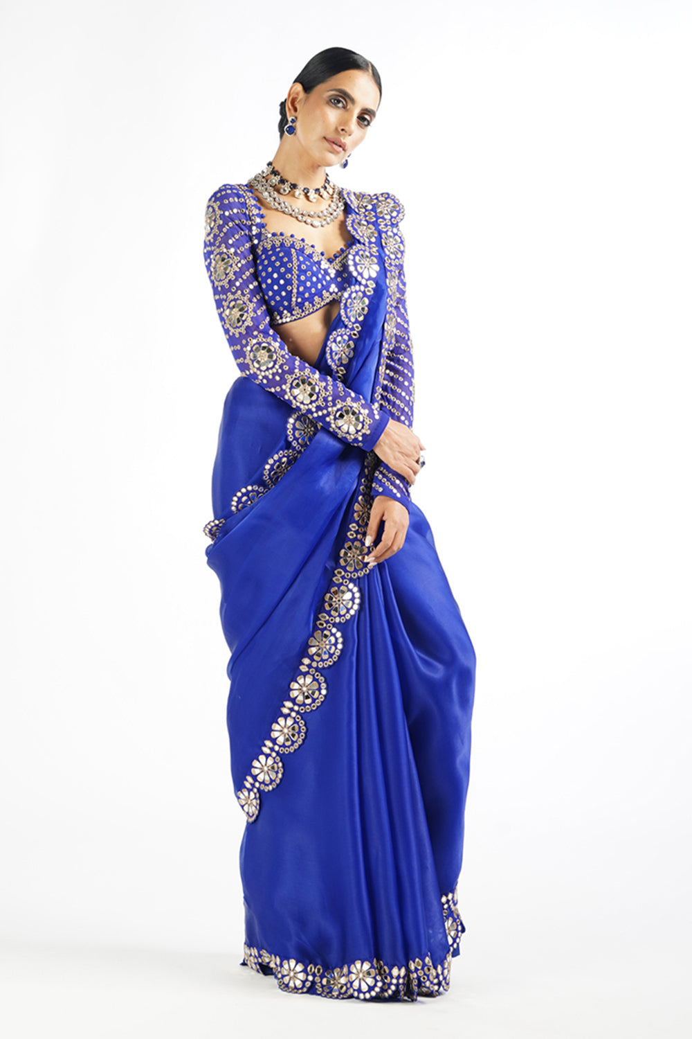 Royal Blue Mirror Work Blouse Saree Set