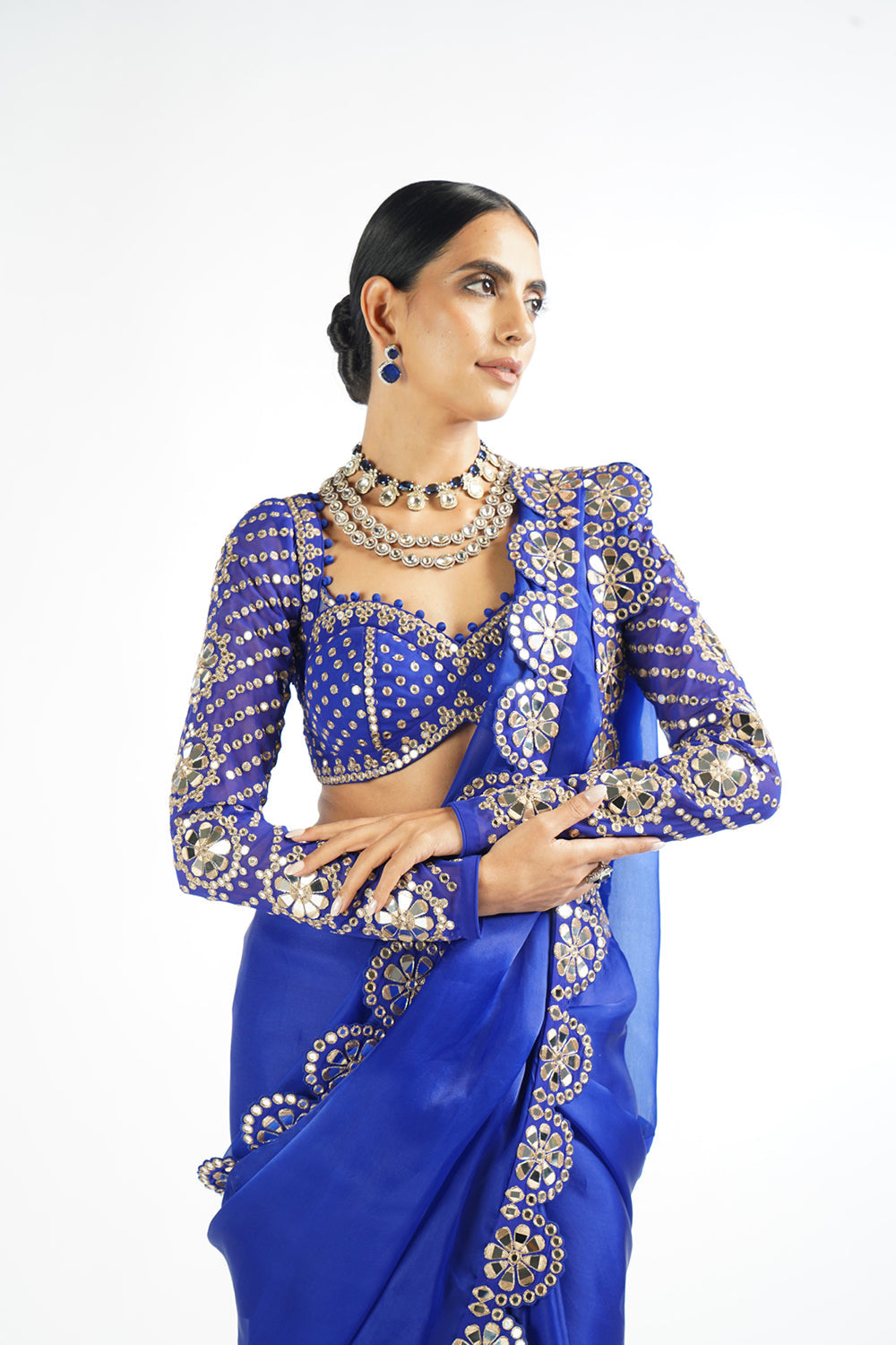 Royal Blue Mirror Work Blouse Saree Set