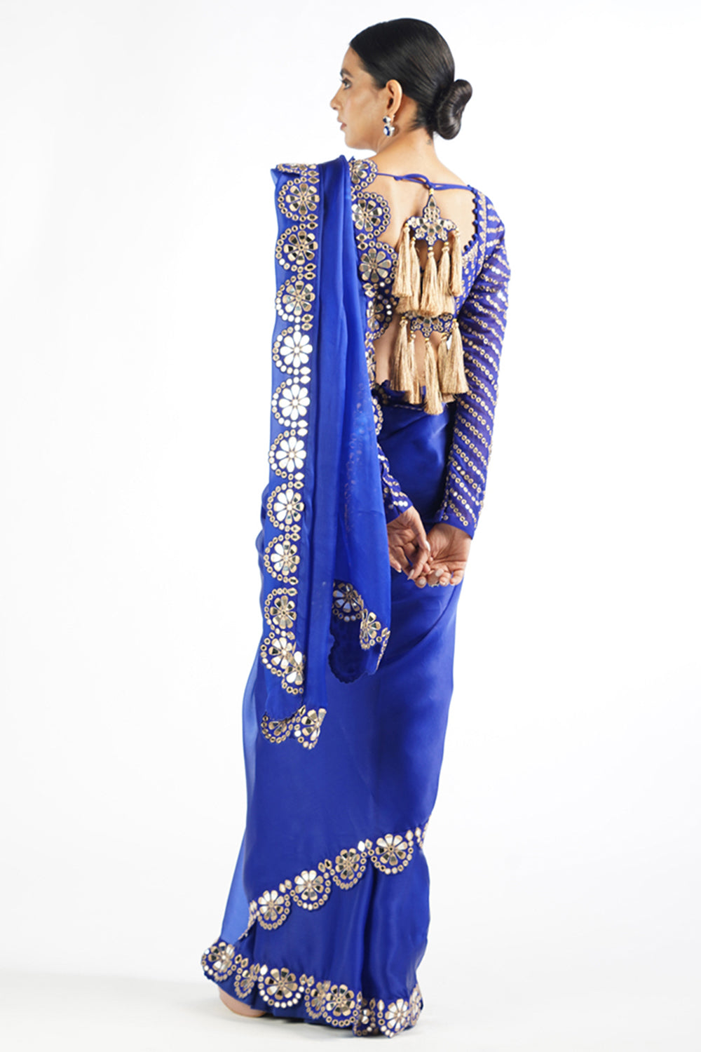 Royal Blue Mirror Work Blouse Saree Set