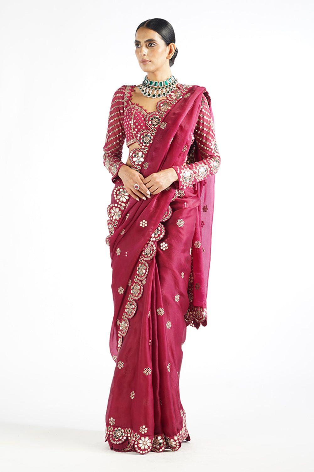 Mellow Wine Mirror Scallop Saree Set