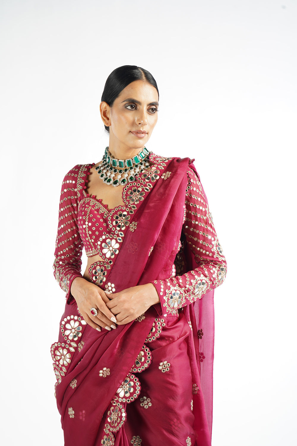 Mellow Wine Mirror Scallop Saree Set