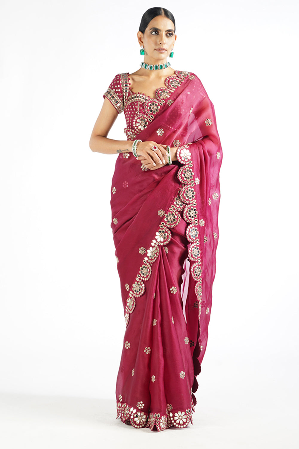 Mellow Wine Mirror Work Blouse Saree Set