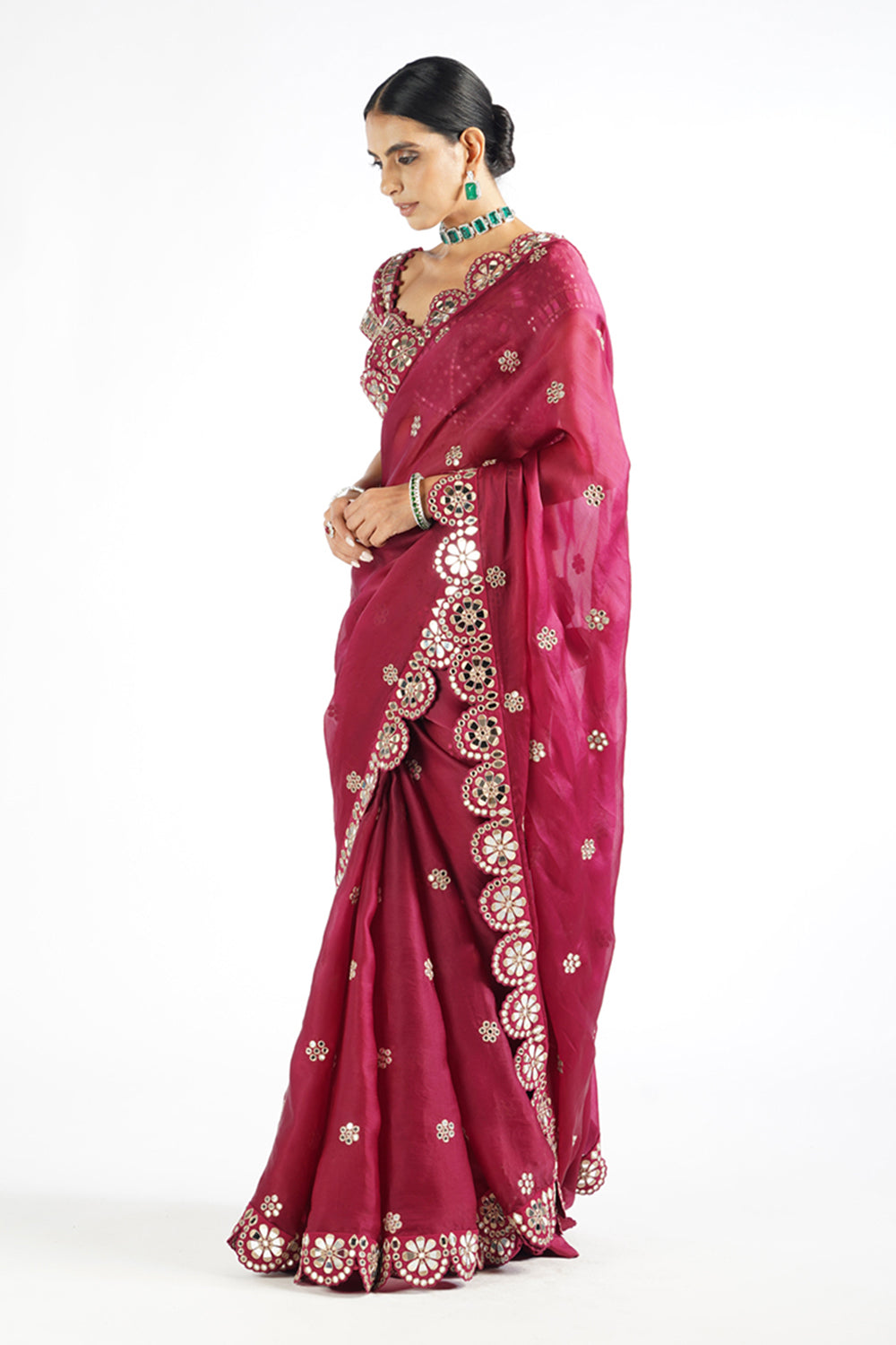 Mellow Wine Mirror Work Blouse Saree Set