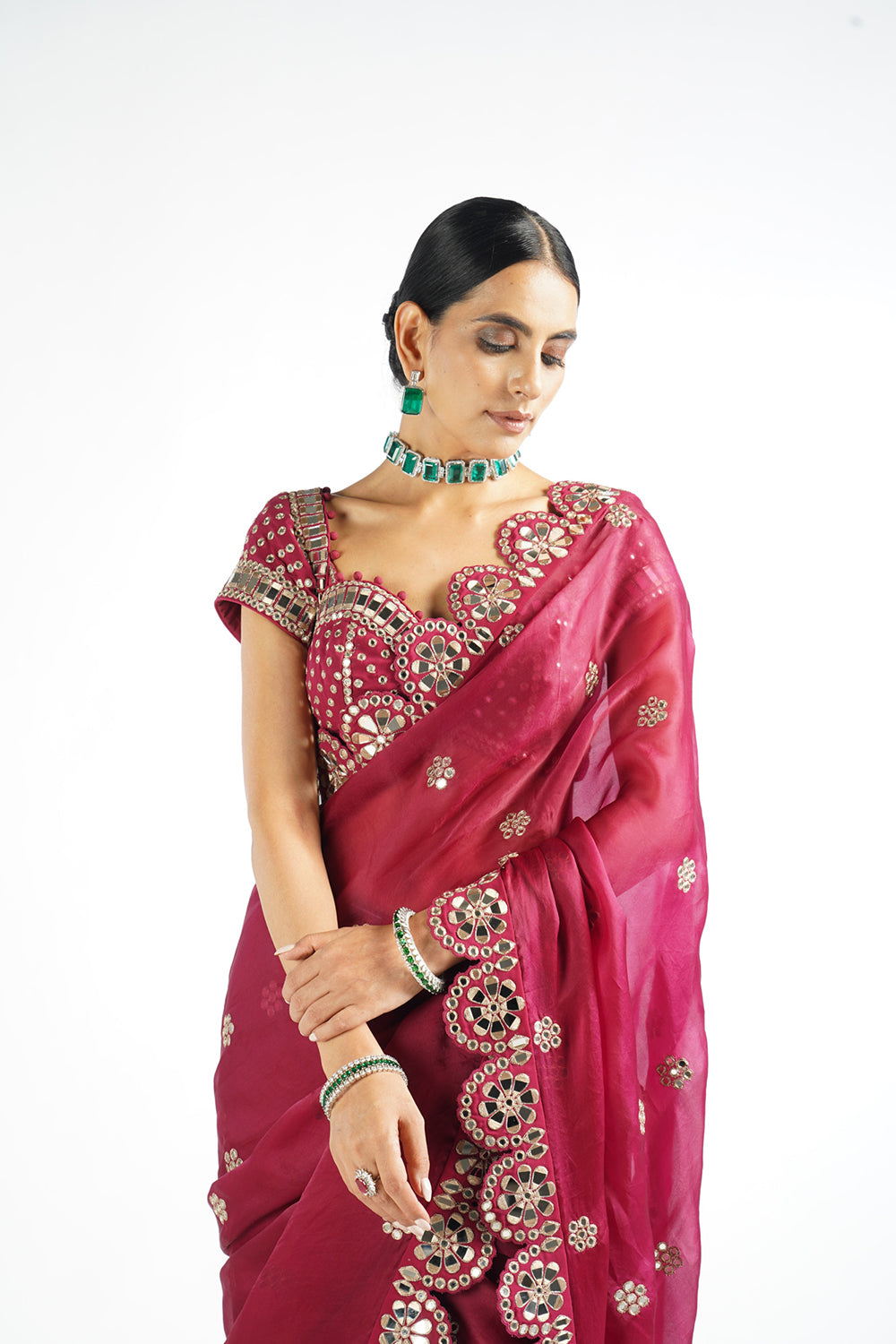 Mellow Wine Mirror Work Blouse Saree Set