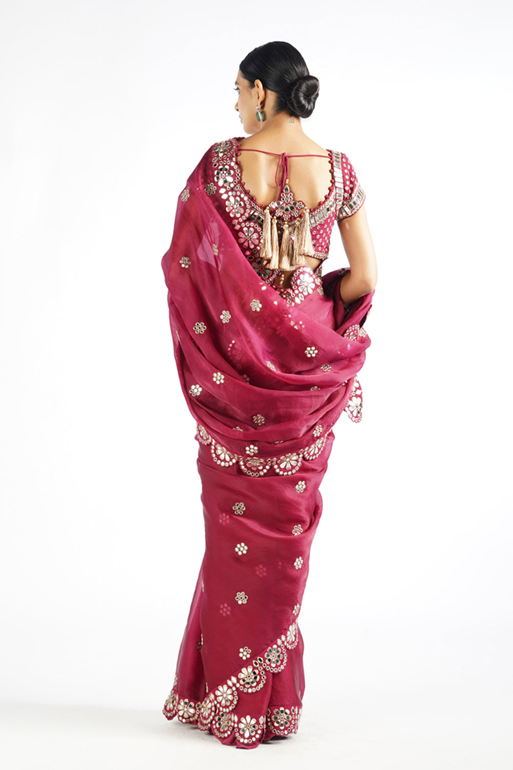 Mellow Wine Mirror Work Blouse Saree Set