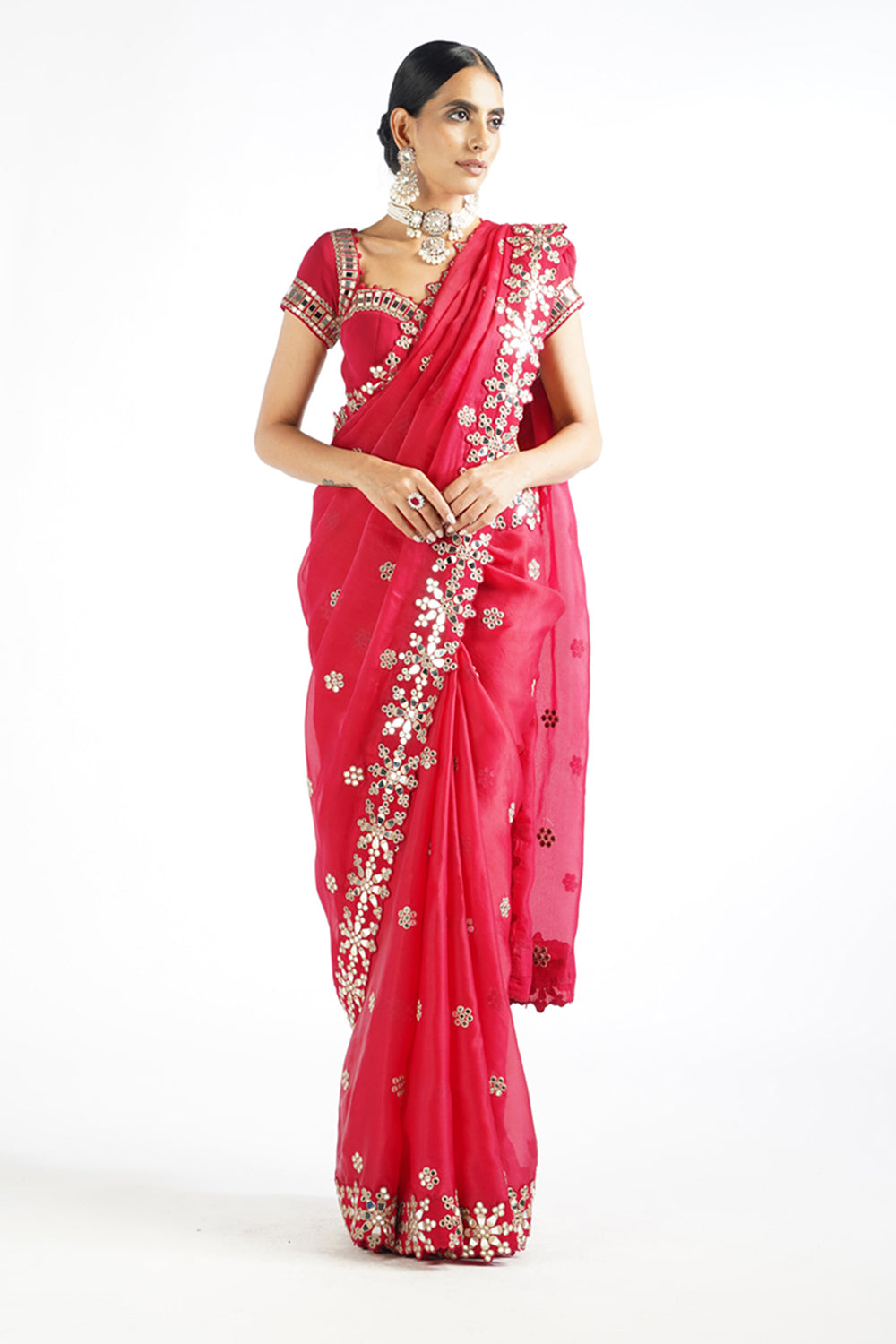 Crimson Red Mirror Work Saree