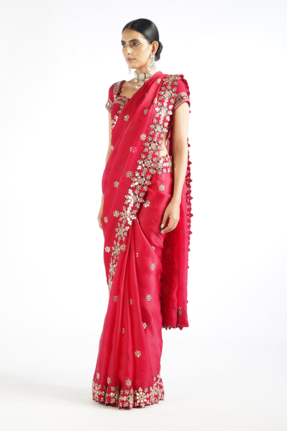 Crimson Red Mirror Work Saree