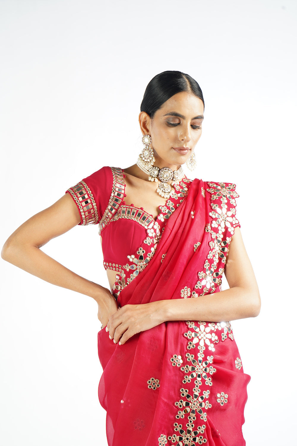 Crimson Red Mirror Work Saree