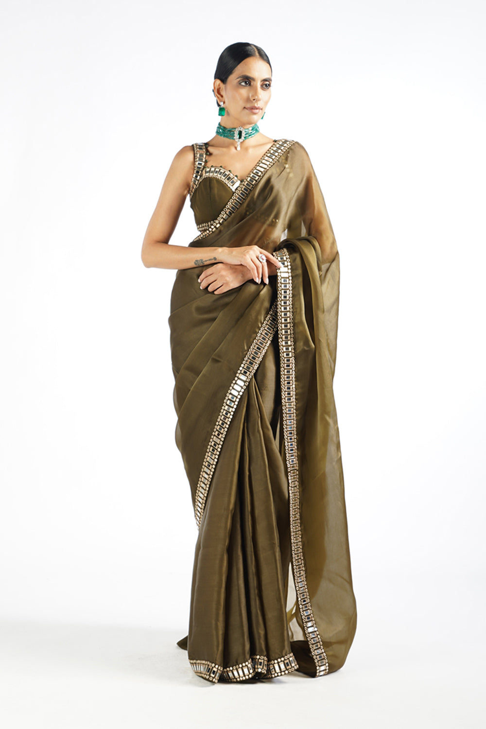 Olive Green Mirror Work Saree Set