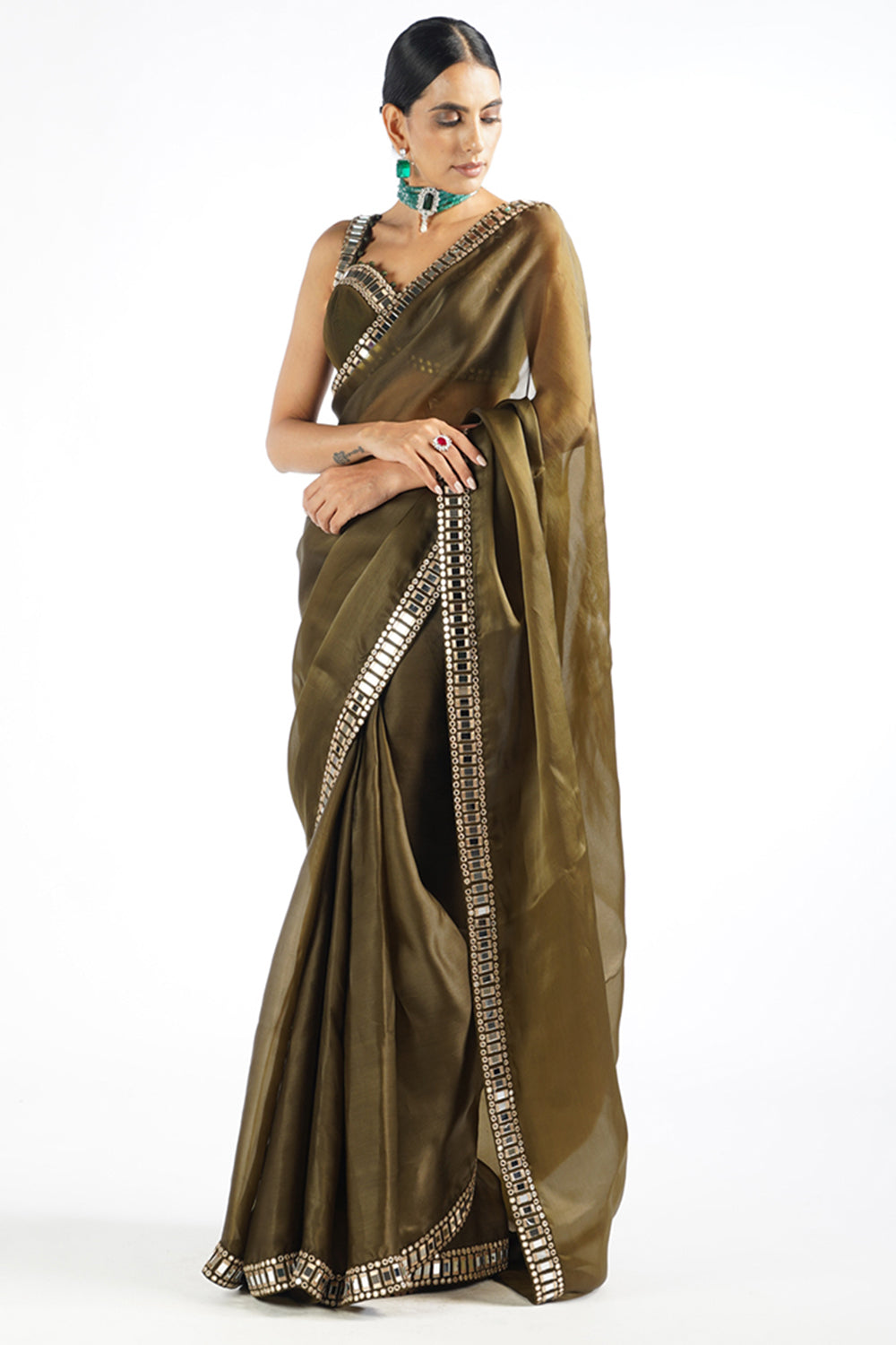 Olive Green Mirror Work Saree Set