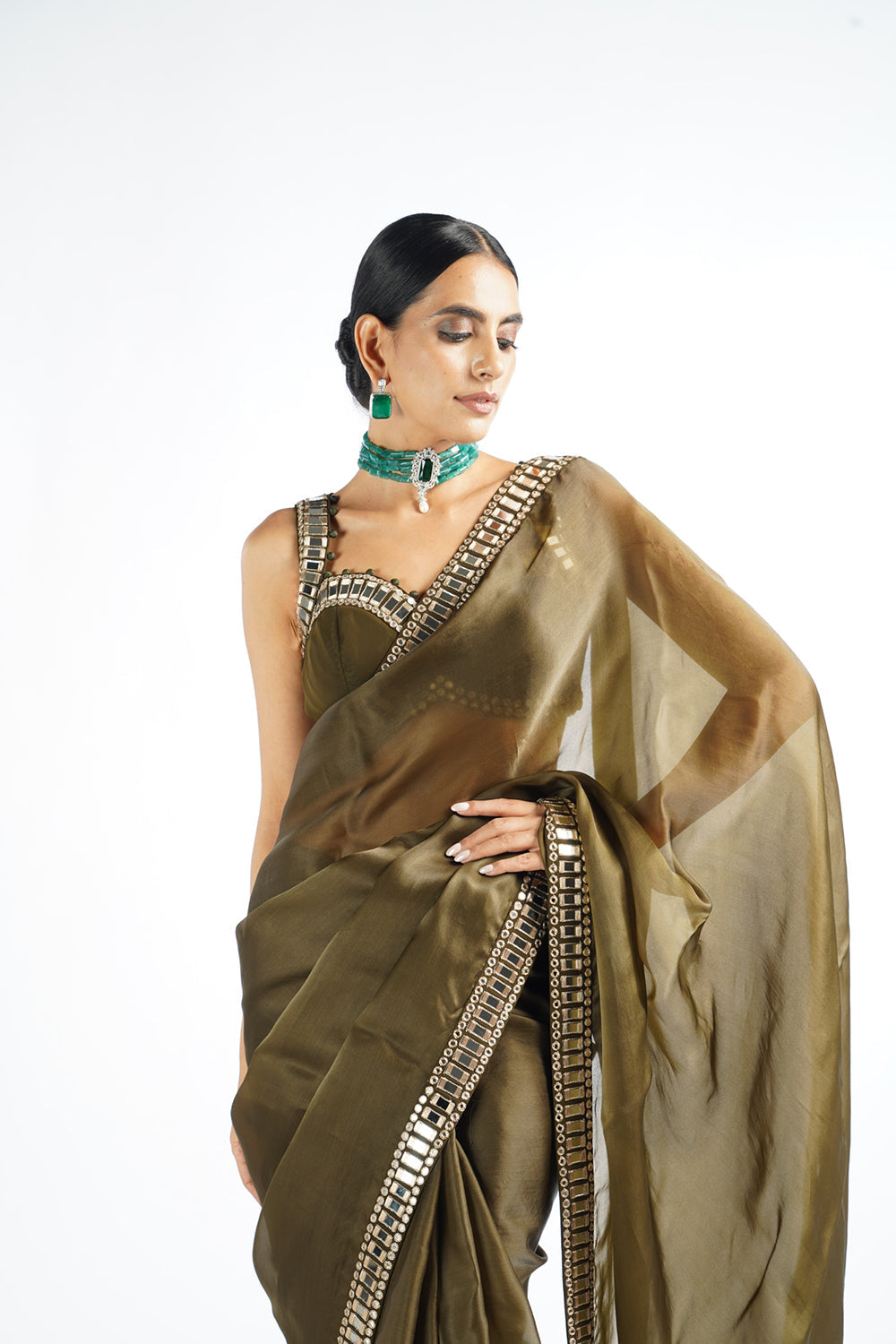 Olive Green Mirror Work Saree Set