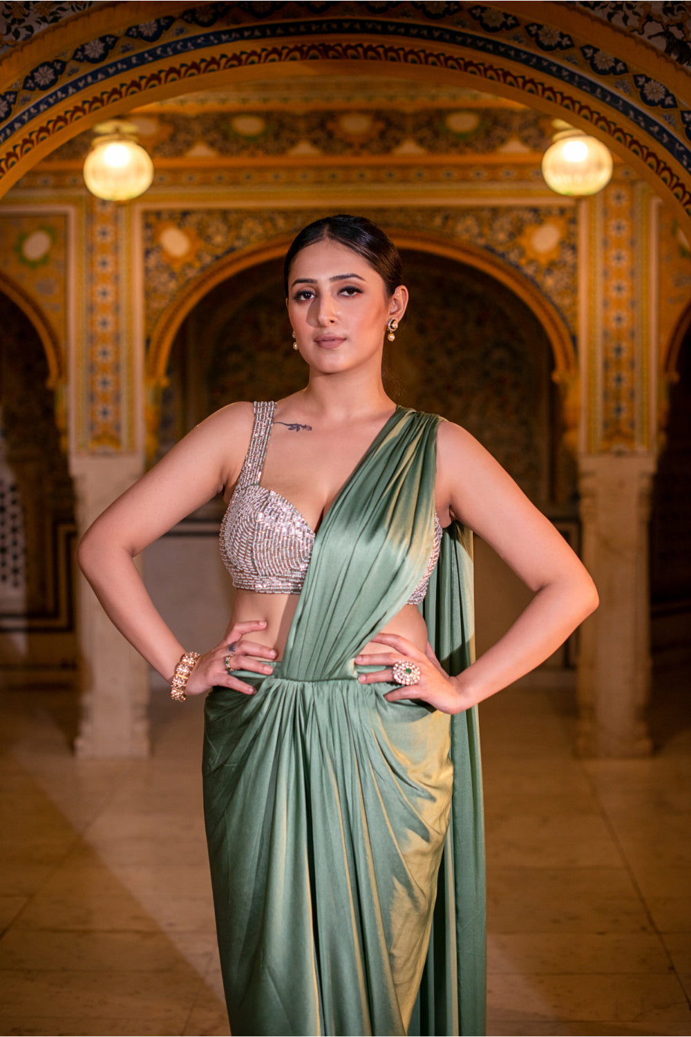 Fern Green Satin Silk Drape Saree - Auraya Fashion 