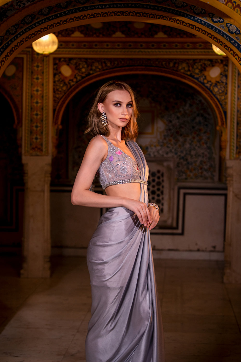 Grey Satin Silk Drape Saree - Auraya Fashion 