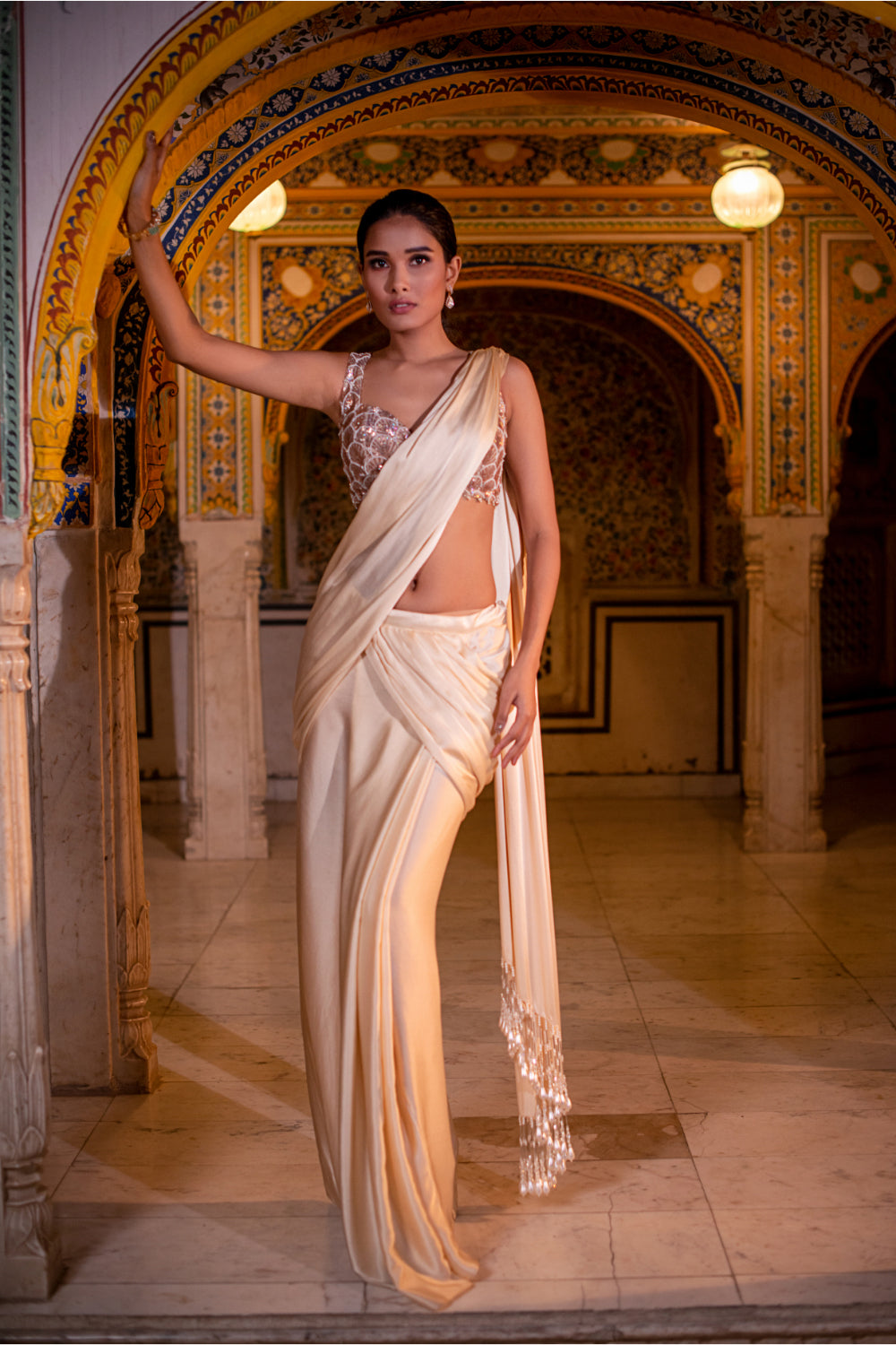 Ivory  Satin Silk Drape Saree - Auraya Fashion 