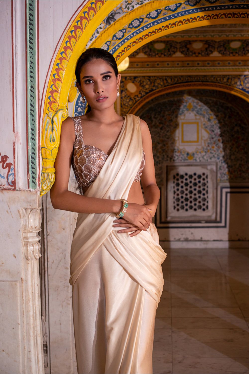 Ivory  Satin Silk Drape Saree - Auraya Fashion 