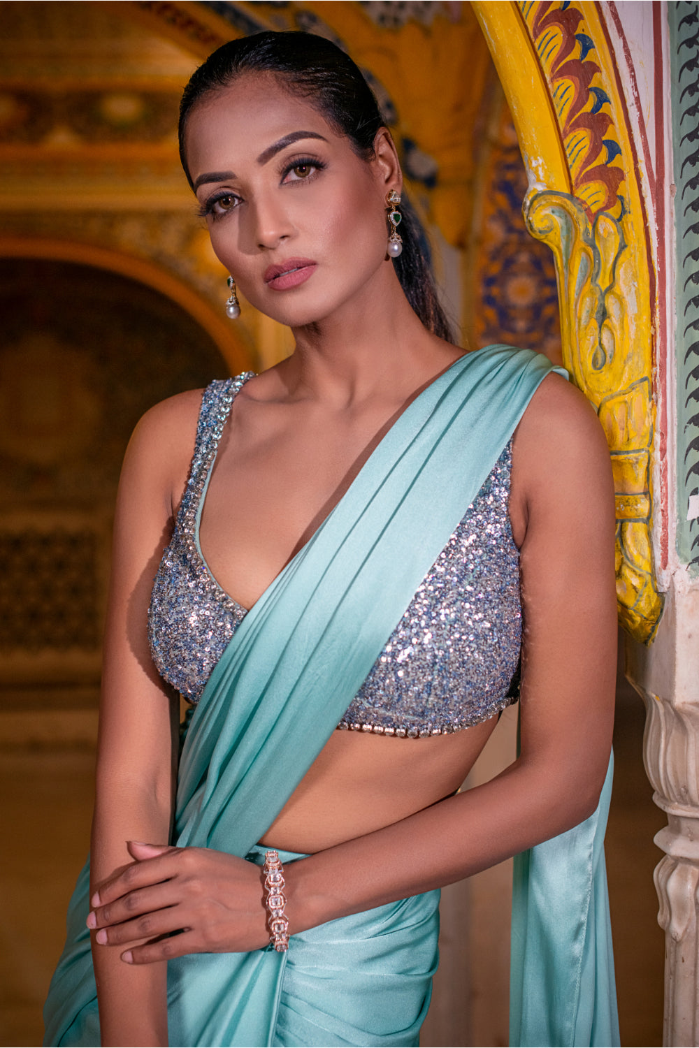 Ice Blue Satin Silk Drape Saree - Auraya Fashion 