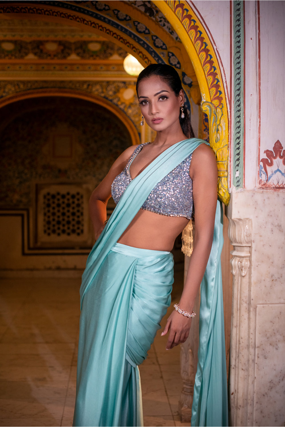 Ice Blue Satin Silk Drape Saree - Auraya Fashion 