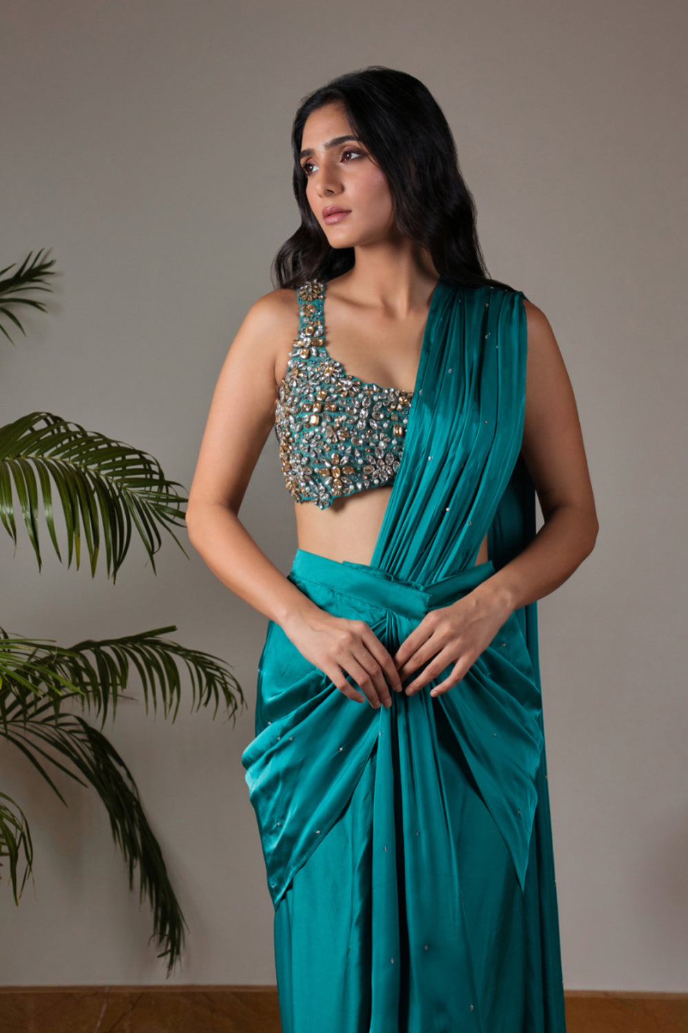 Turquoise Blue Satin Silk Drape Saree