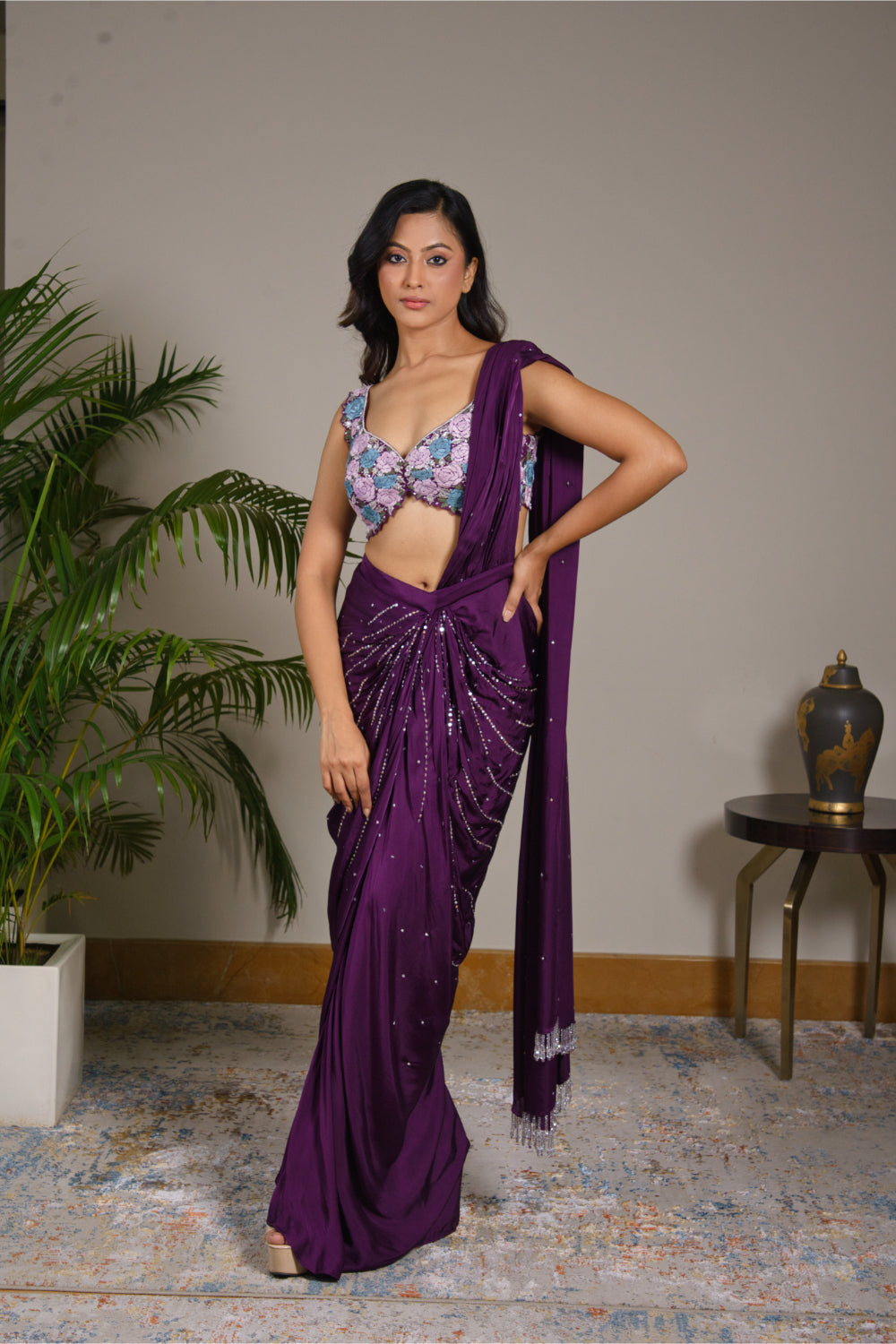 Purple Satin Silk Drape Saree - Auraya Fashion - Guldavari - 