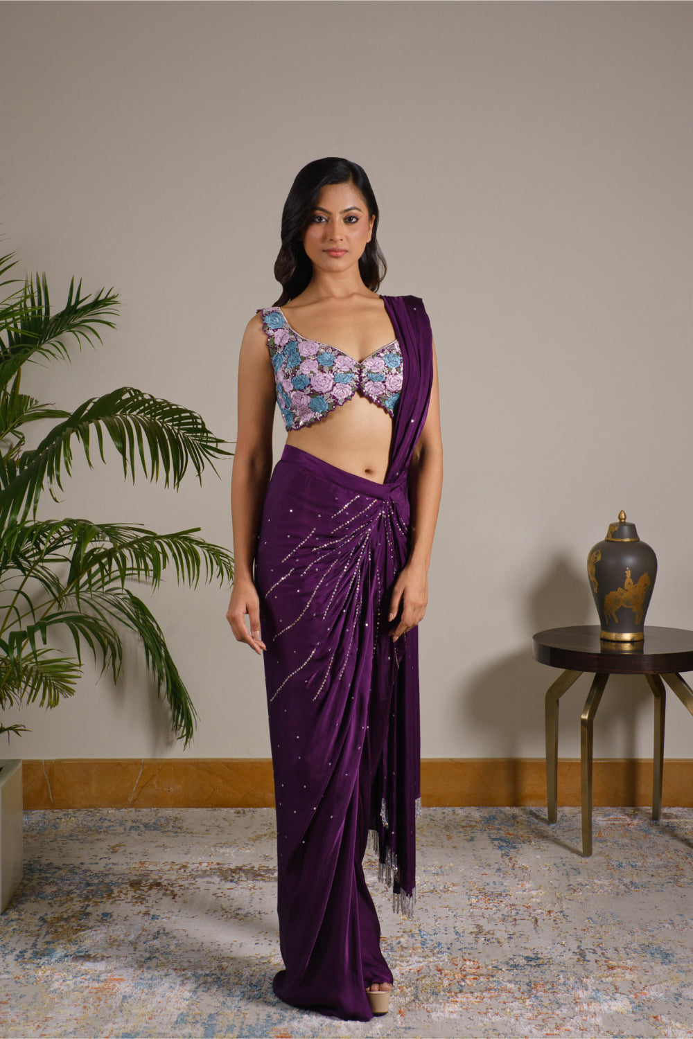 Purple Satin Silk Drape Saree - Auraya Fashion 